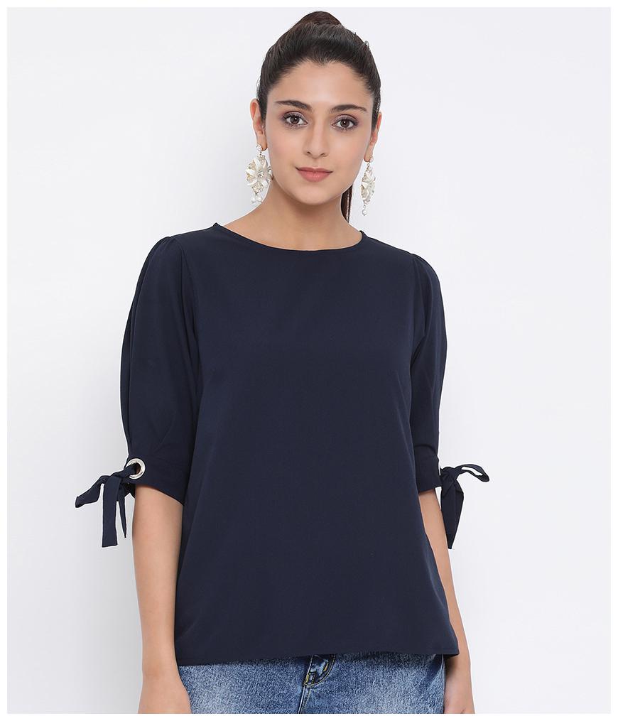 

Oxolloxo Women Polyester Solid Regular Top Navy Blue