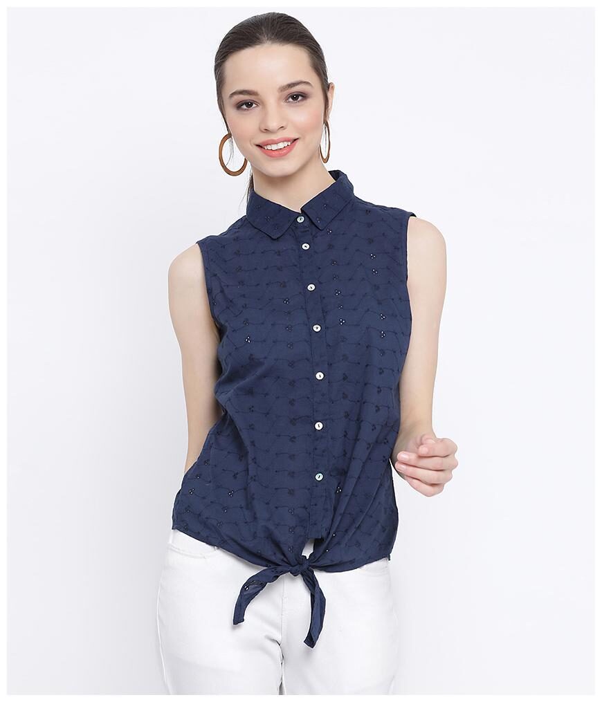 

Oxolloxo Women Navy Blue Embroidered Regular Fit Shirt