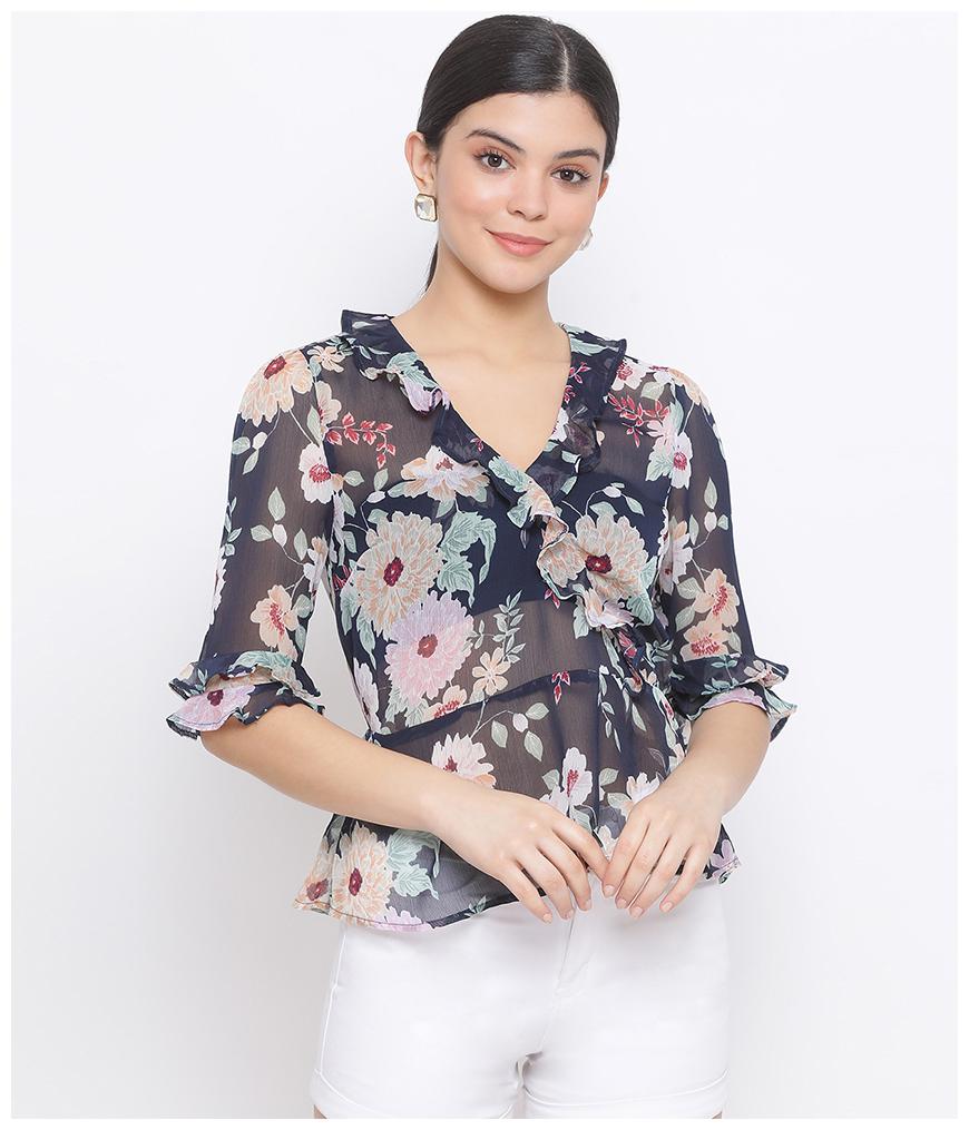 

Oxolloxo Women Polyester Floral Navy Blue Regular Top