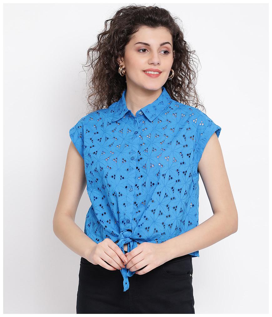 

Oxolloxo Women Blue Embroidered Regular Fit Shirt