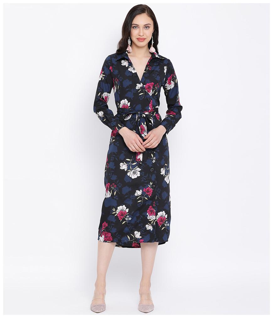 

Oxolloxo Women Polyester Floral Wrap Dress Navy Blue