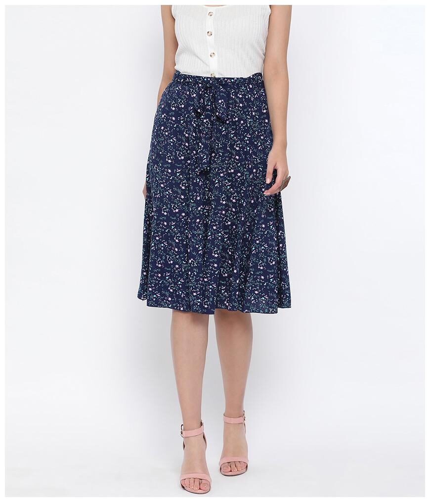 

Oxolloxo Women Viscose Rayon Printed Navy Blue A-line Skirt