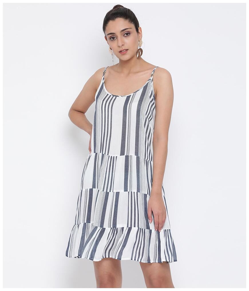 

Oxolloxo Women Viscose Rayon Striped White Grey A Line Dress