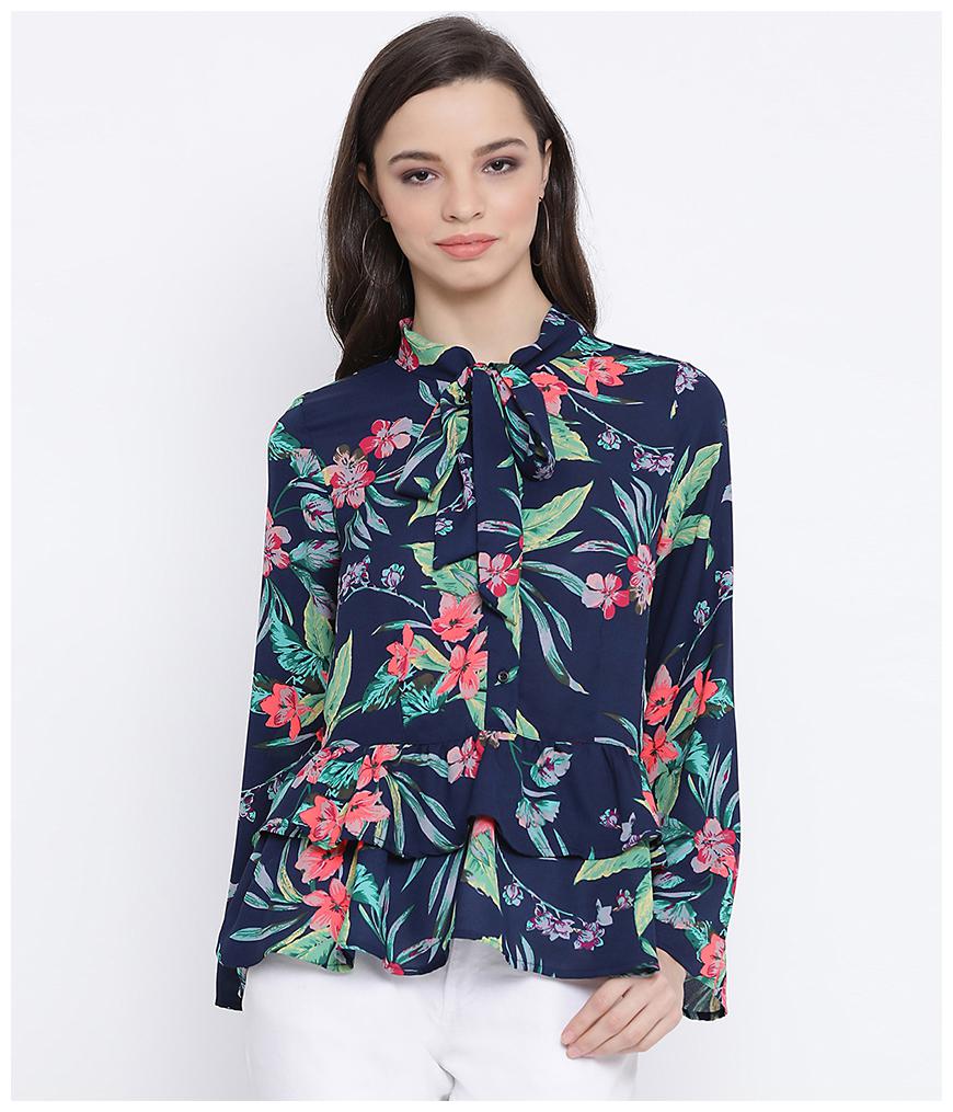 

Oxolloxo Women Navy Blue Polyester Floral Regular Top