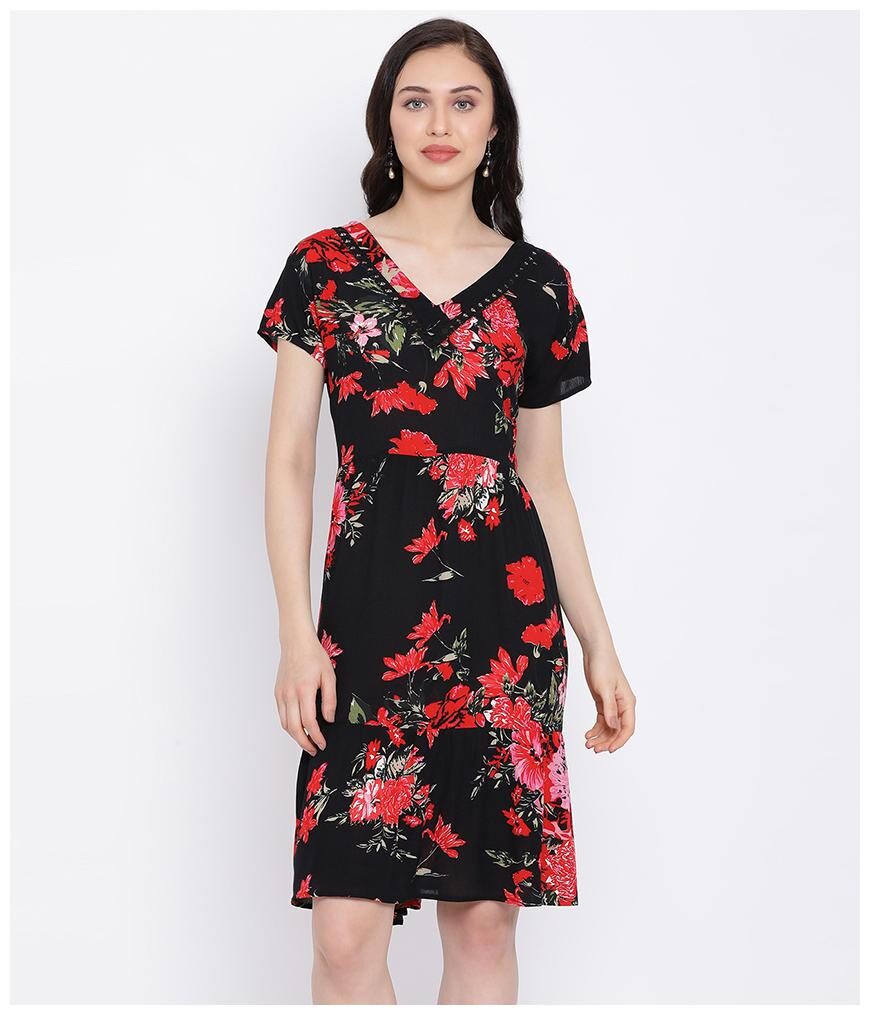 

Oxolloxo Women Viscose Rayon Floral A Line Dress Black