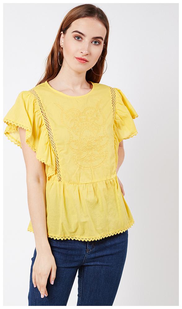 

OXOLLOXO Women Solid A-line top - Yellow