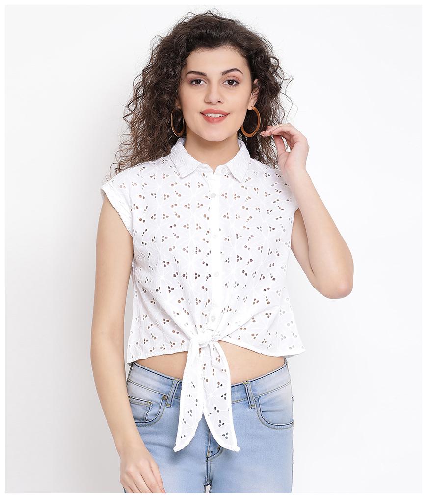 

Oxolloxo Women White Embroidered Regular Fit Shirt