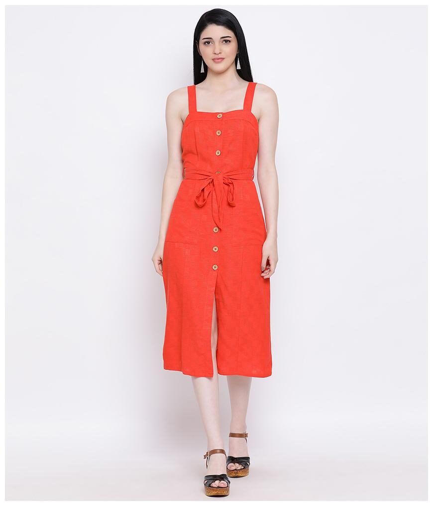 

Oxolloxo Women Cotton Solid Orange A Line Dress