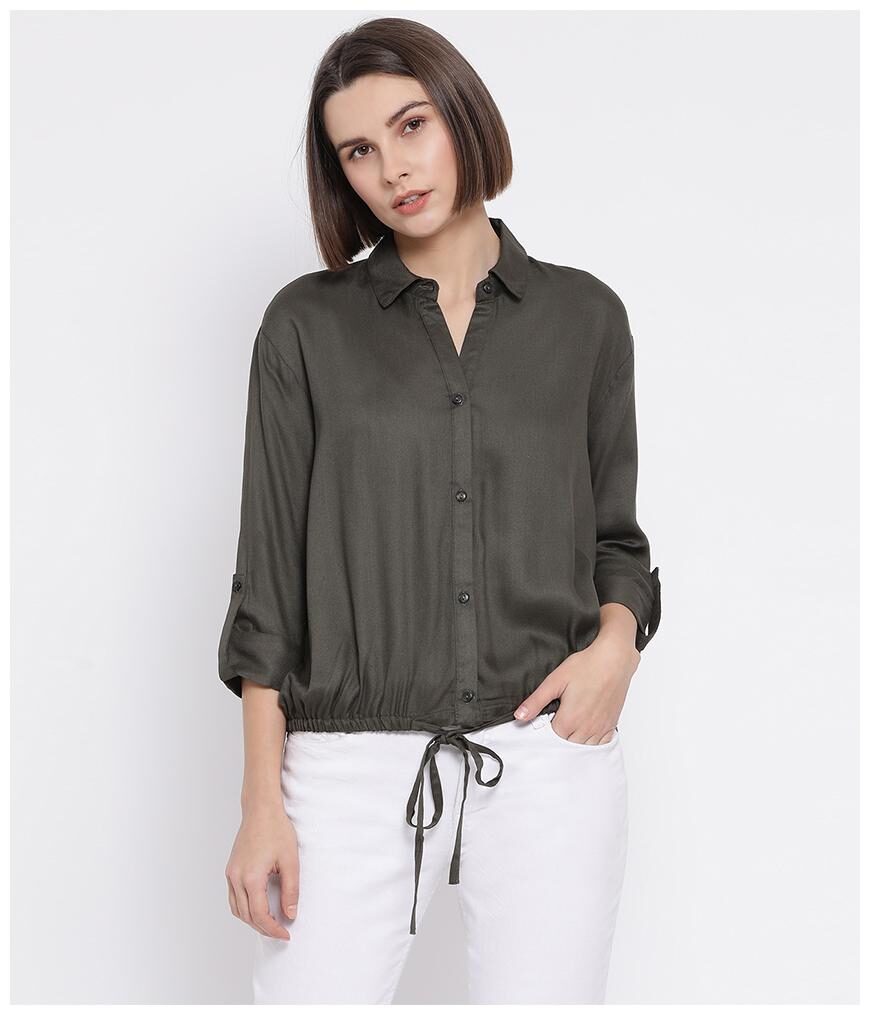 

Oxolloxo Women Olive Viscose Rayon Solid Shirt