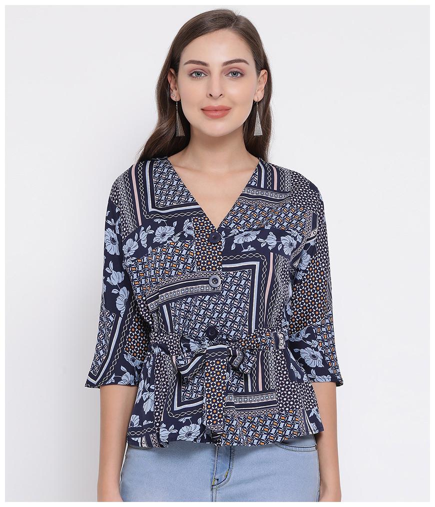 

Oxolloxo Women Navy Blue Polyester Printed Regular Top
