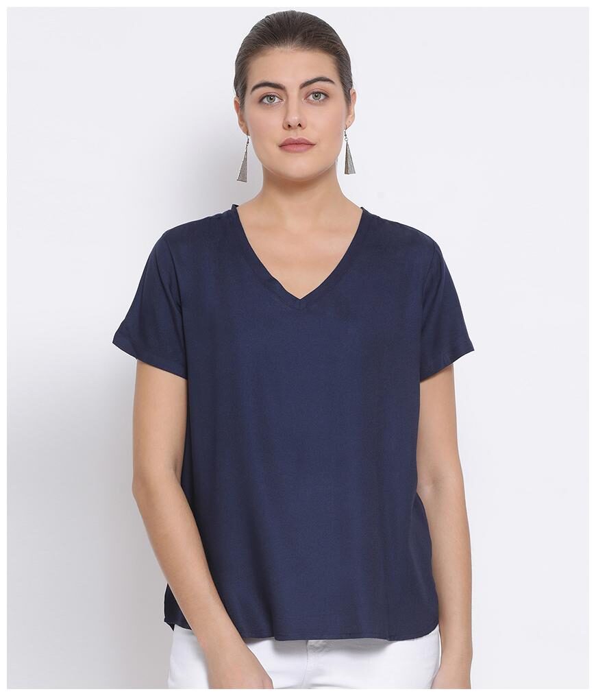 

Oxolloxo Women Viscose Rayon Solid Navy Blue T Shirt