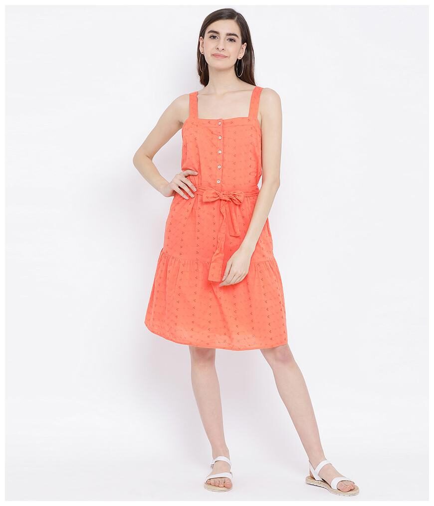 

Oxolloxo Women Cotton Embroidered Orange A Line Dress