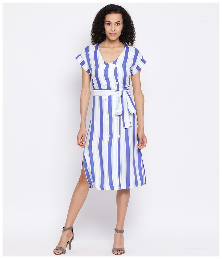 

Oxolloxo Women Viscose Rayon Striped Blue White A Line Dress