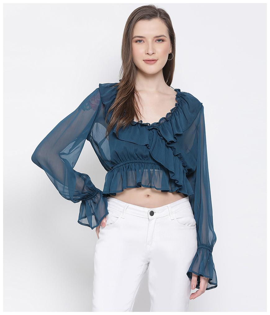 

Oxolloxo Women Polyester Solid Navy Blue Regular Top