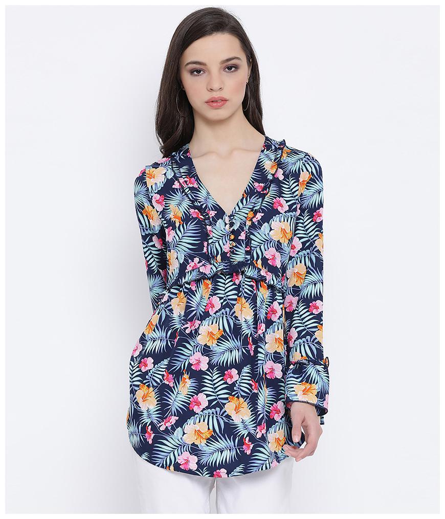 

Oxolloxo Women Navy Blue Polyester Floral Regular Top