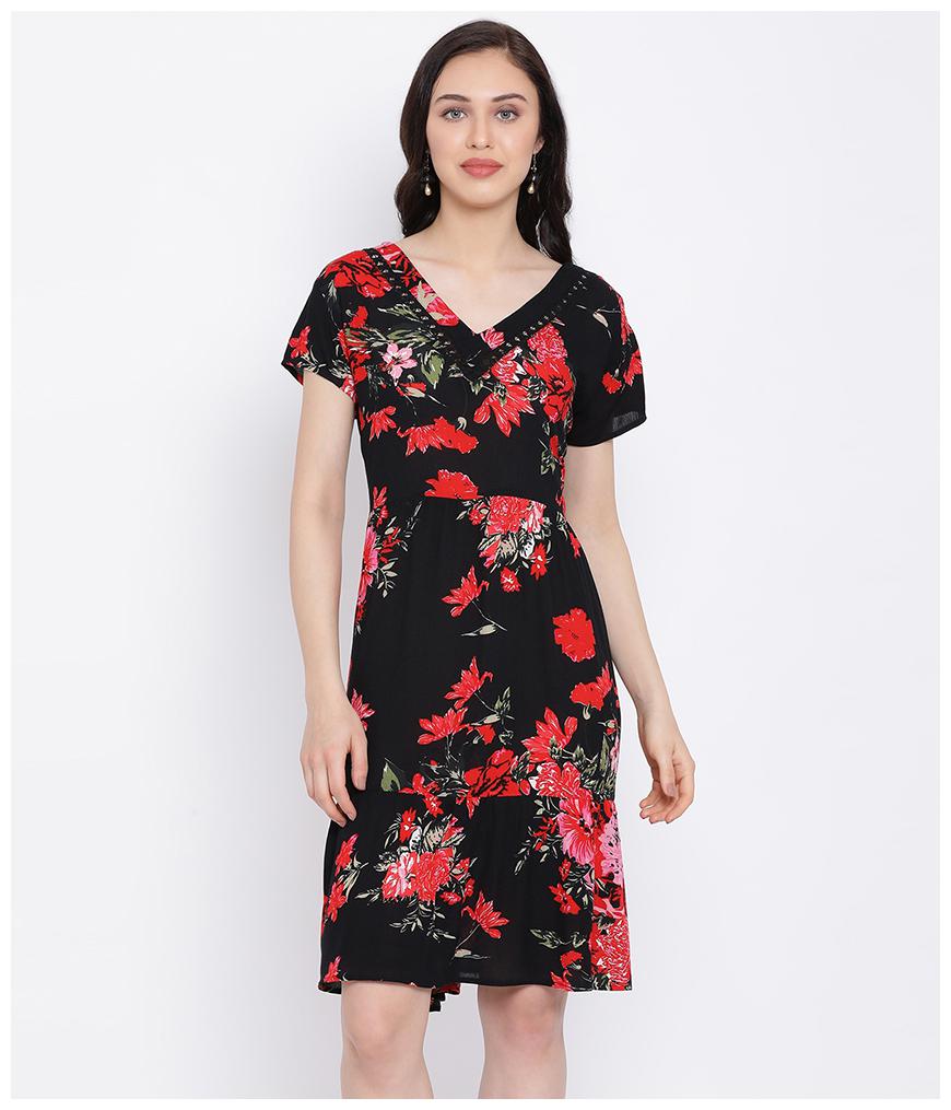 

Oxolloxo Women Viscose Rayon Floral A Line Dress Black