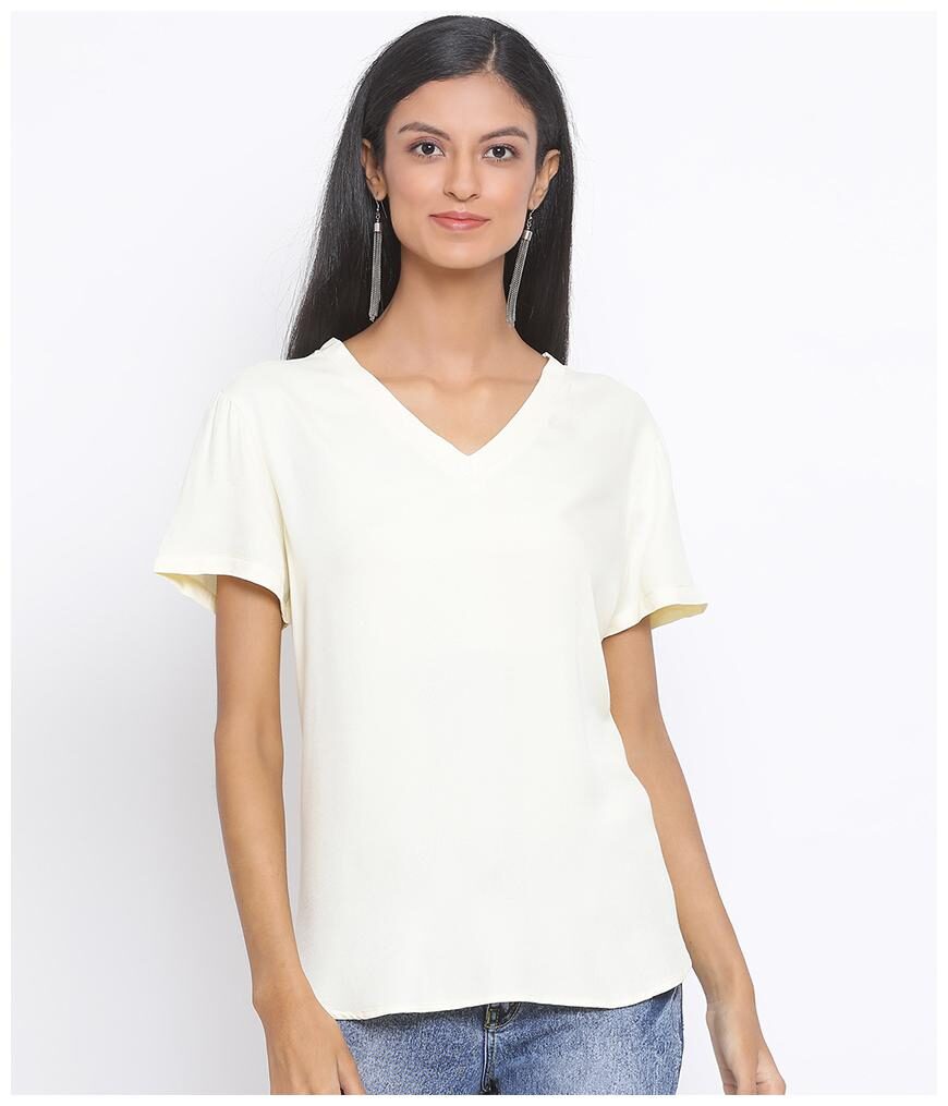 

Oxolloxo Women Cream Regular fit V neck Viscose rayon T shirt