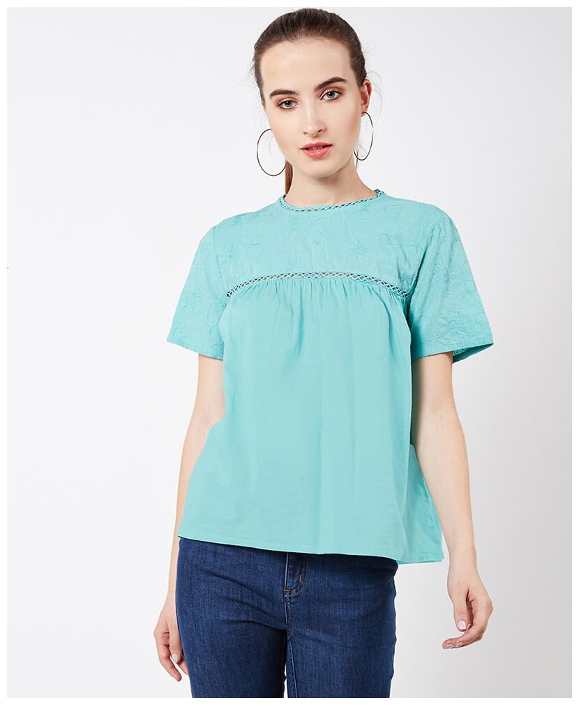 

Oxolloxo Women Cotton Solid A-Line Top Turquoise