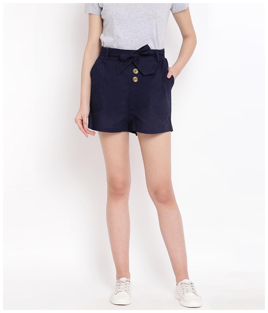 

Oxolloxo Women Cotton Solid Regular Shorts Navy Blue
