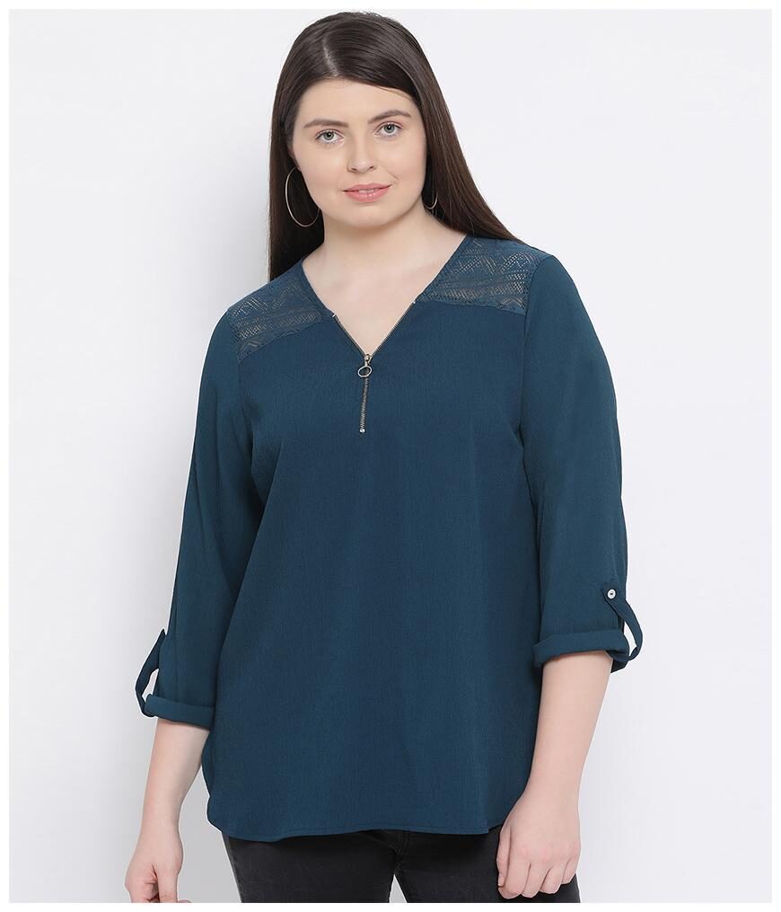 

Oxolloxo Women Navy Blue Polyester Solid Regular Top