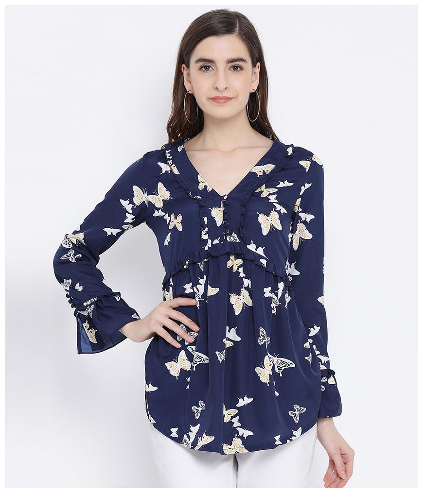 

Oxolloxo Women Polyester Printed Regular Top (Navy Blue)