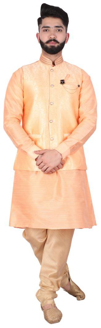 

P K GARMENTS Peach Solid Kurta and Churidar With Nehru Jacket