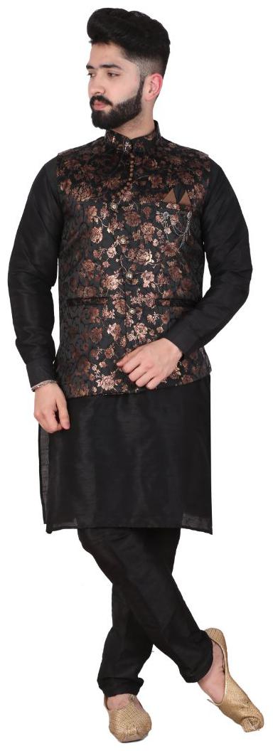 

P K GARMENTS Black Solid Kurta and Churidar With Nehru Jacket