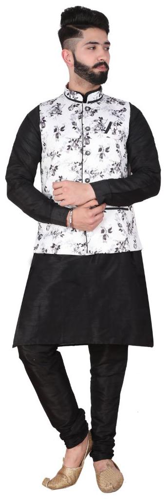 

P K GARMENTS Black Solid Kurta and Churidar With Nehru Jacket