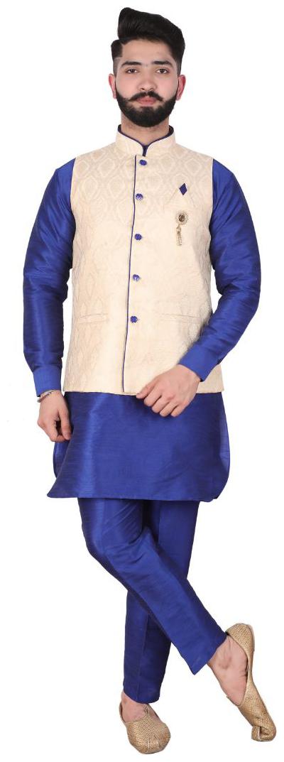 

P K GARMENTS Blue Solid Kurta and Churidar With Nehru Jacket