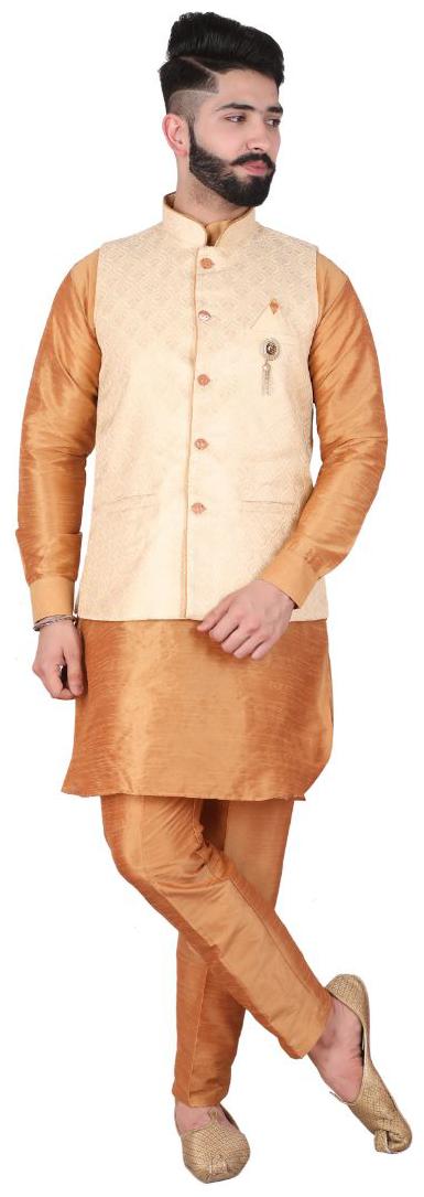 

P K GARMENTS Beige Solid Kurta and Churidar With Nehru Jacket