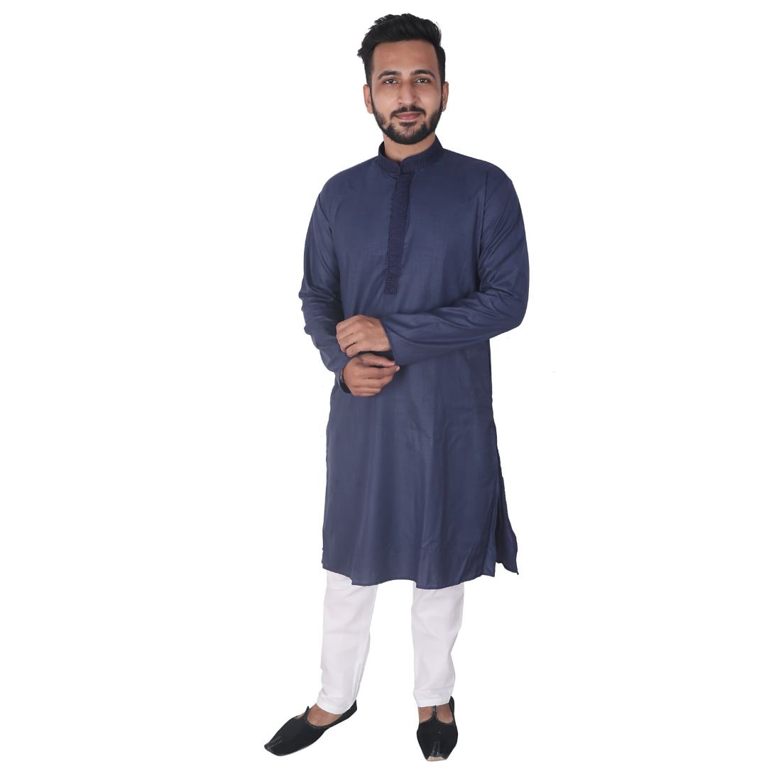 

P K Garments Mens Cotton Silk Solid Kurta With Pyjamas (Navy Blue White)