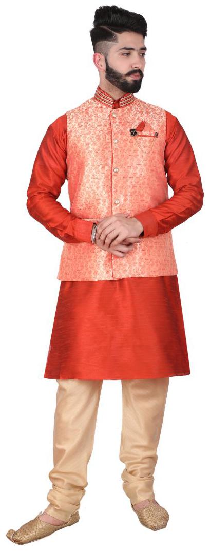 

P K GARMENTS Orange Solid Kurta and Churidar With Nehru Jacket