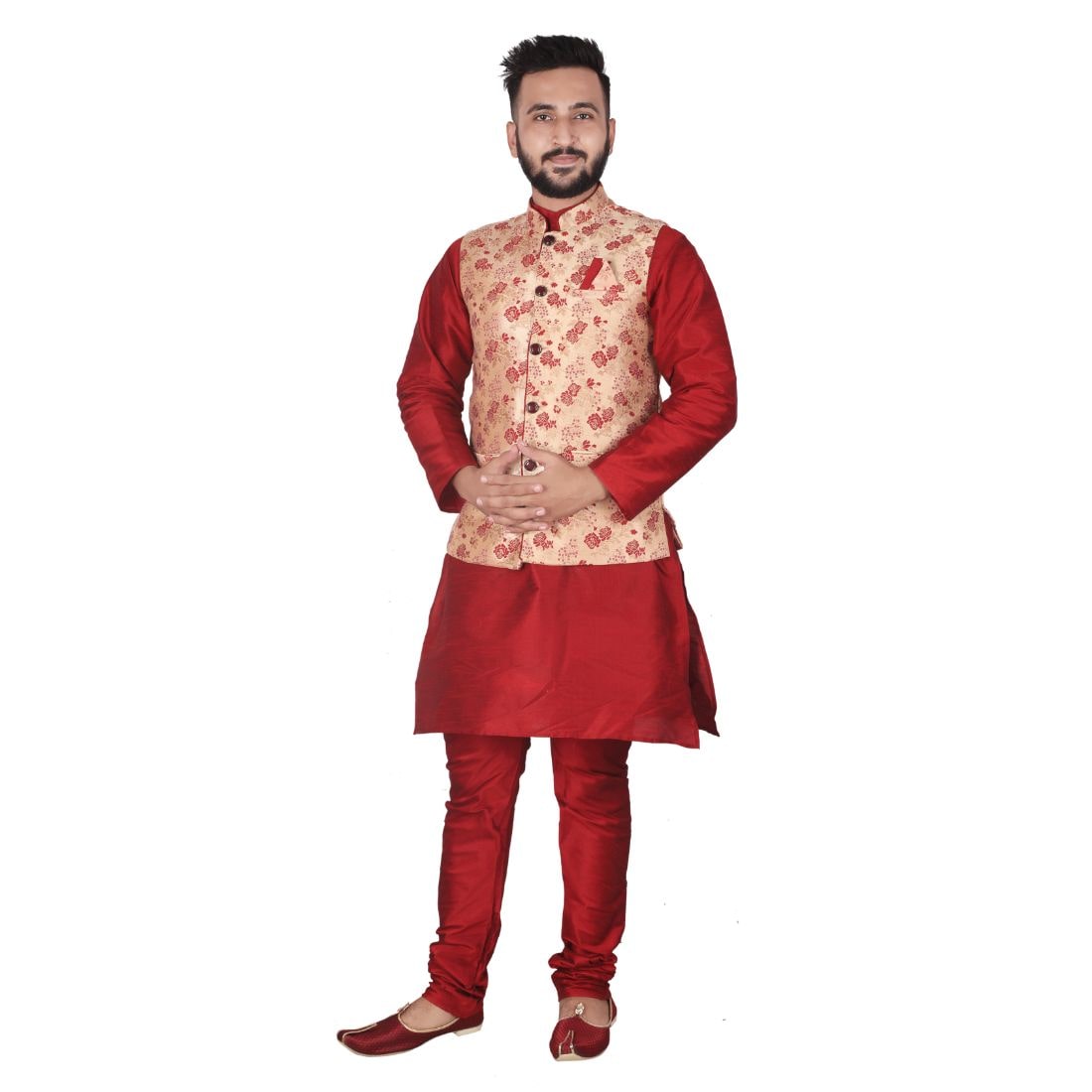 

P K GARMENTS Red Solid Kurta and Churidar With Nehru Jacket
