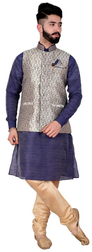 

P K GARMENTS Blue Solid Kurta and Churidar With Nehru Jacket