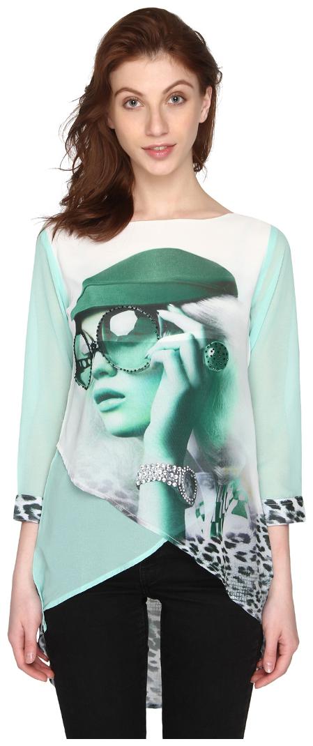 

P-Nut Womens Green Chiffon Georgette Top with 3 4th Sleeves