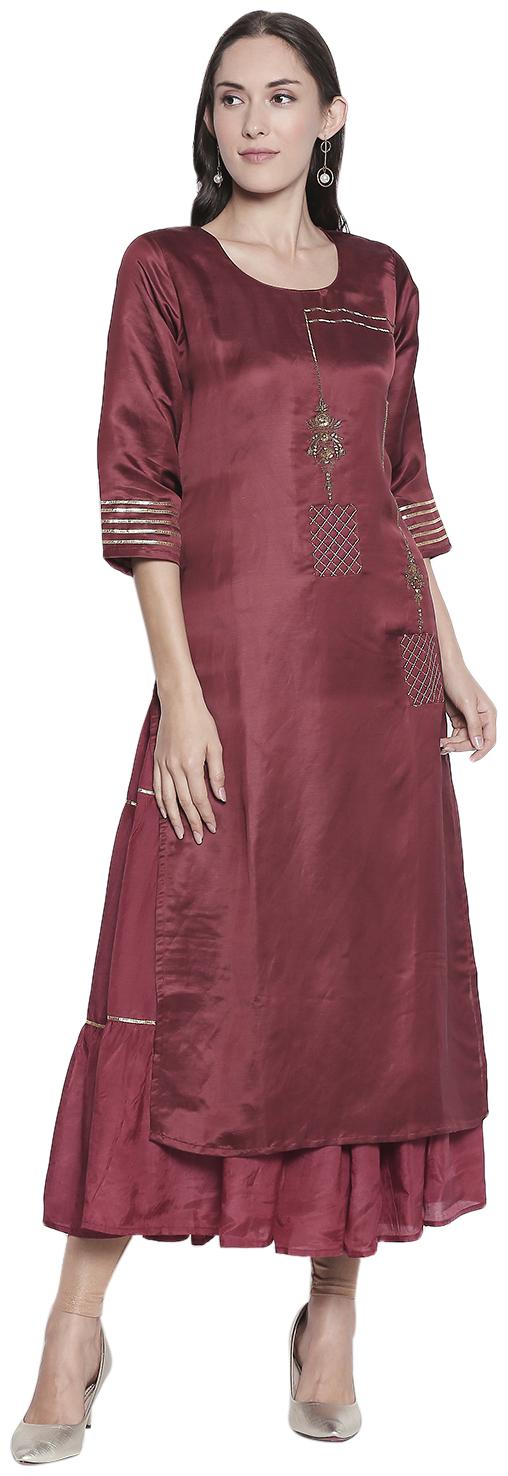 

P PRESENT Women Maroon Embroidered Straight Kurti