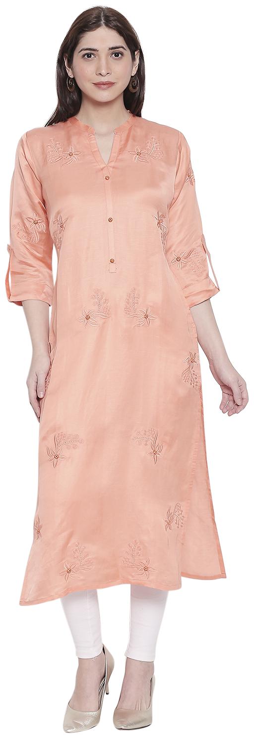 

P PRESENT Women Orange Embroidered Straight Kurti