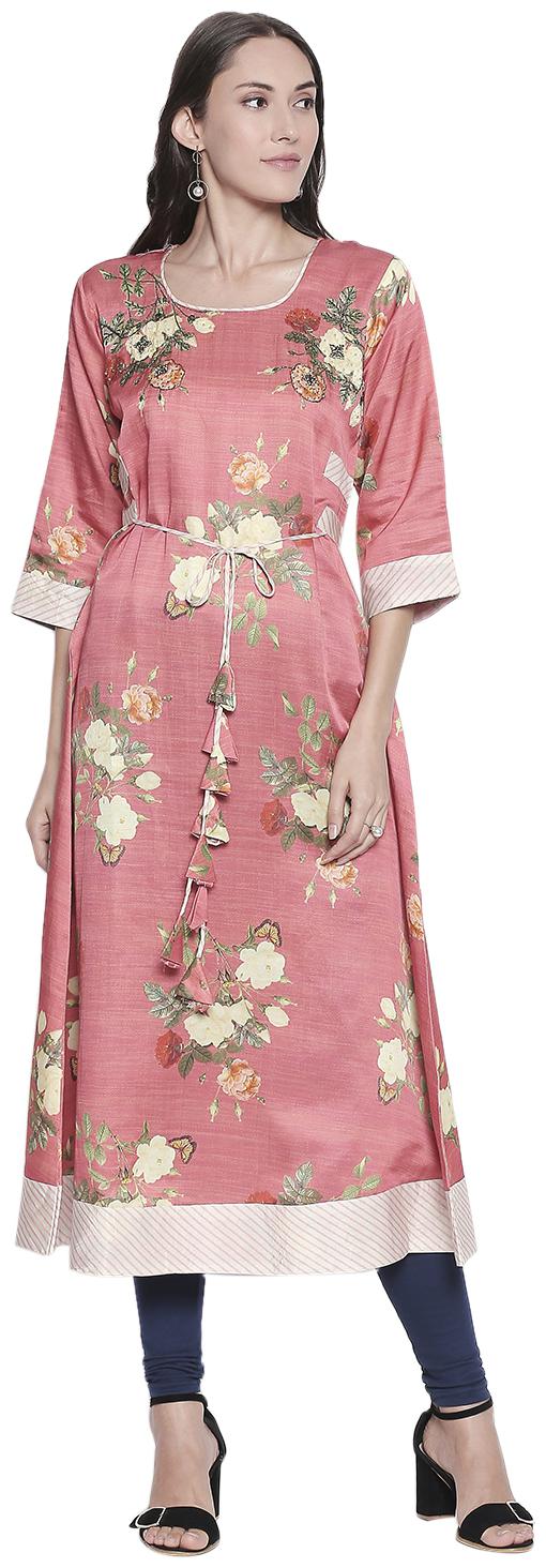 

P Present Women s Peach Round Neck Floral Print Kurti