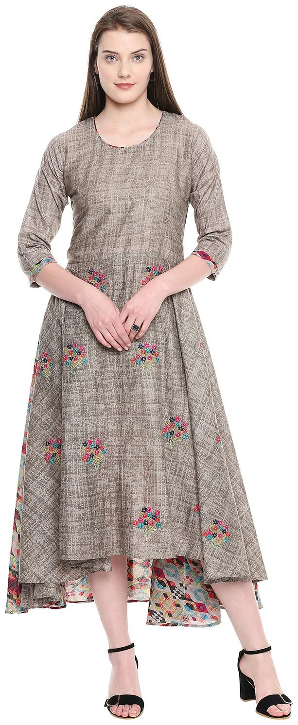 

P Present Women Grey Embroidered Three-fourth Sleeves Kurti