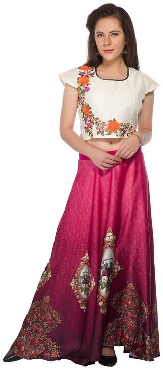 P Present Women's Cotton Regular Fit Printed Long Skirt & Top (Pink)