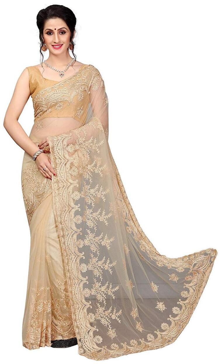 

PACHIBA ENTERPRISE Women Net Embroidered Saree Cream