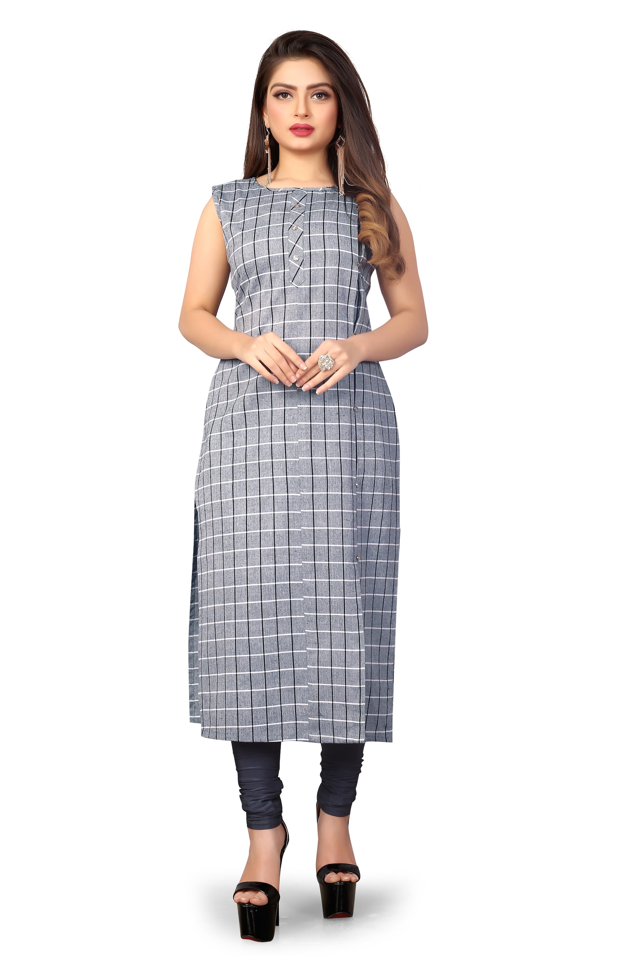 

PACHIBA ENTERPRISE Women Grey Checkered Straight Kurti