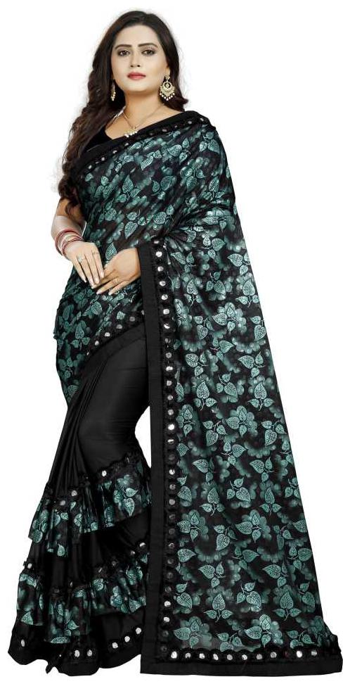 

Pachiba Enterprise Women Ruffle Lycra Saree With Blouse Piece (Green Black)