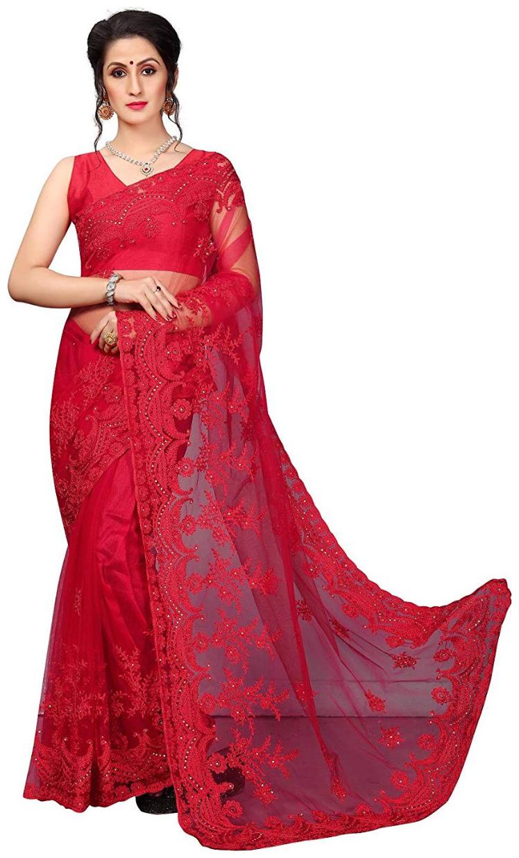 

PACHIBA ENTERPRISE Women Net Embroidered Saree Red