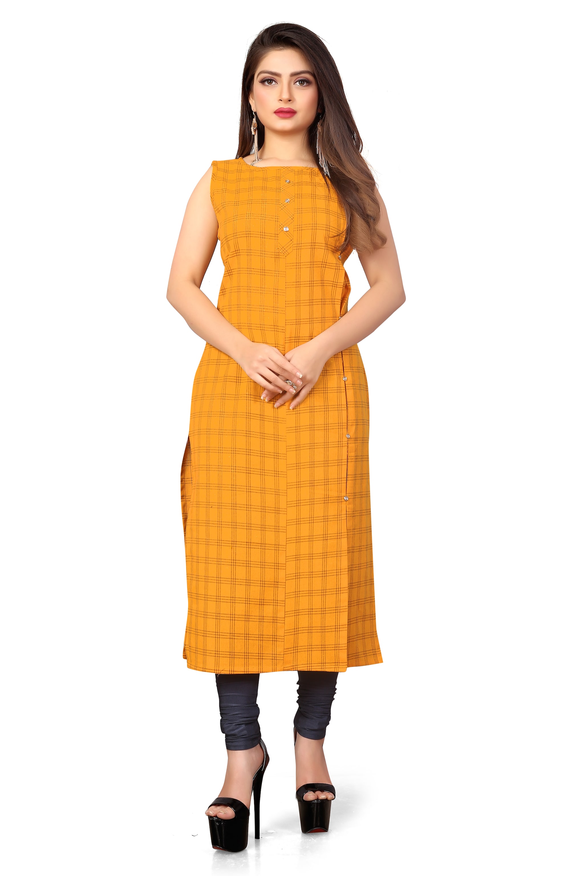 

PACHIBA ENTERPRISE Women Mustard Checkered Straight Kurti
