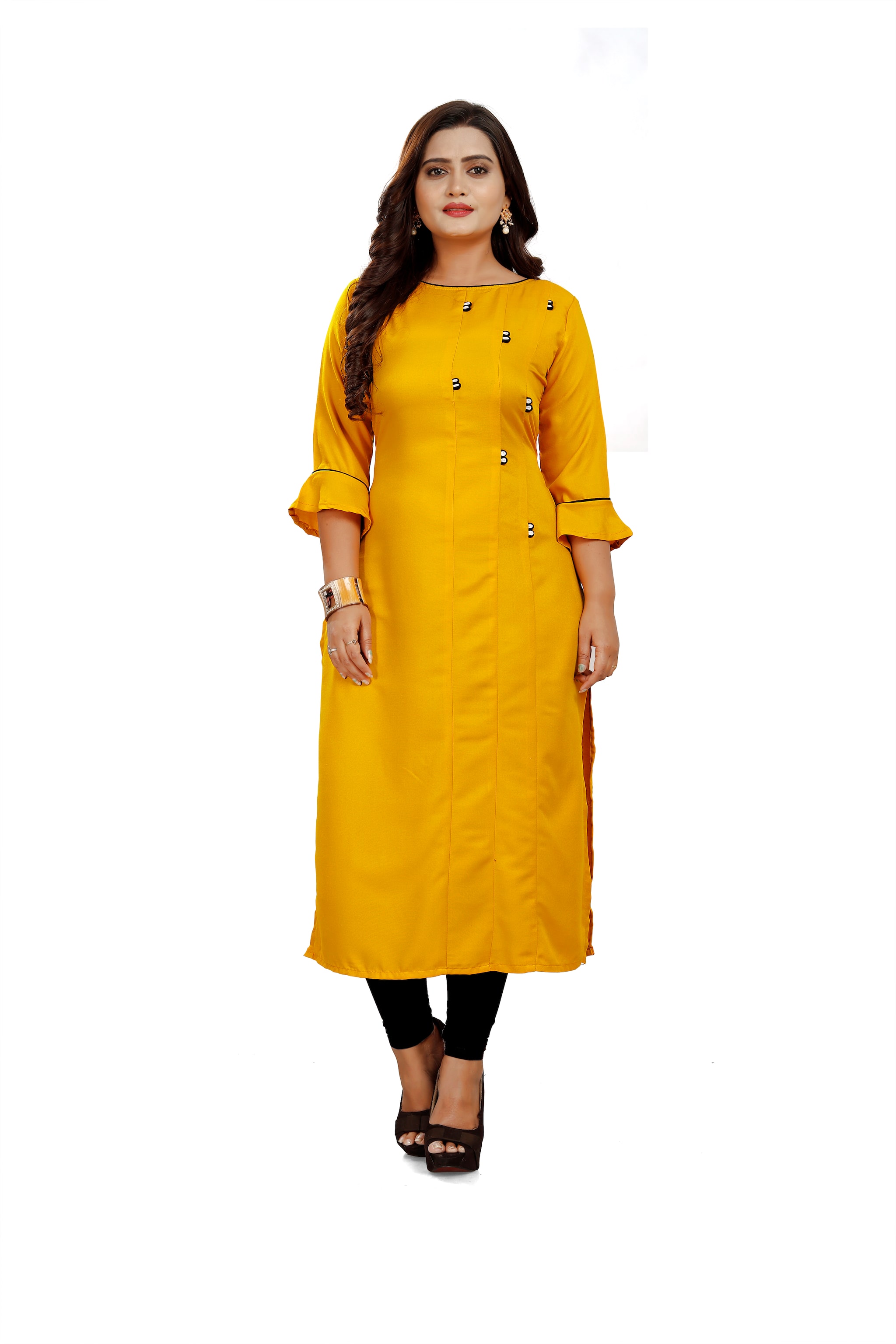 

PACHIBA ENTERPRISE Women Yellow Solid Straight Kurti
