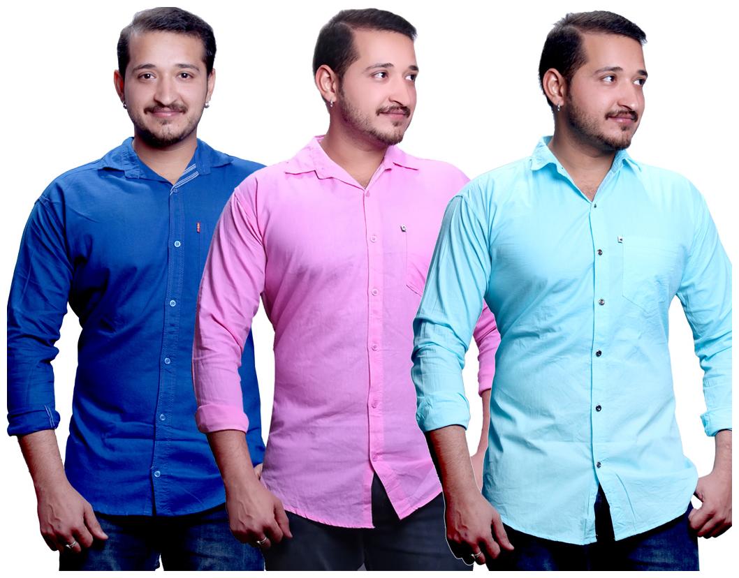 

FASHLOOK Men Blue Pink Solid Slim Fit Casual Shirt