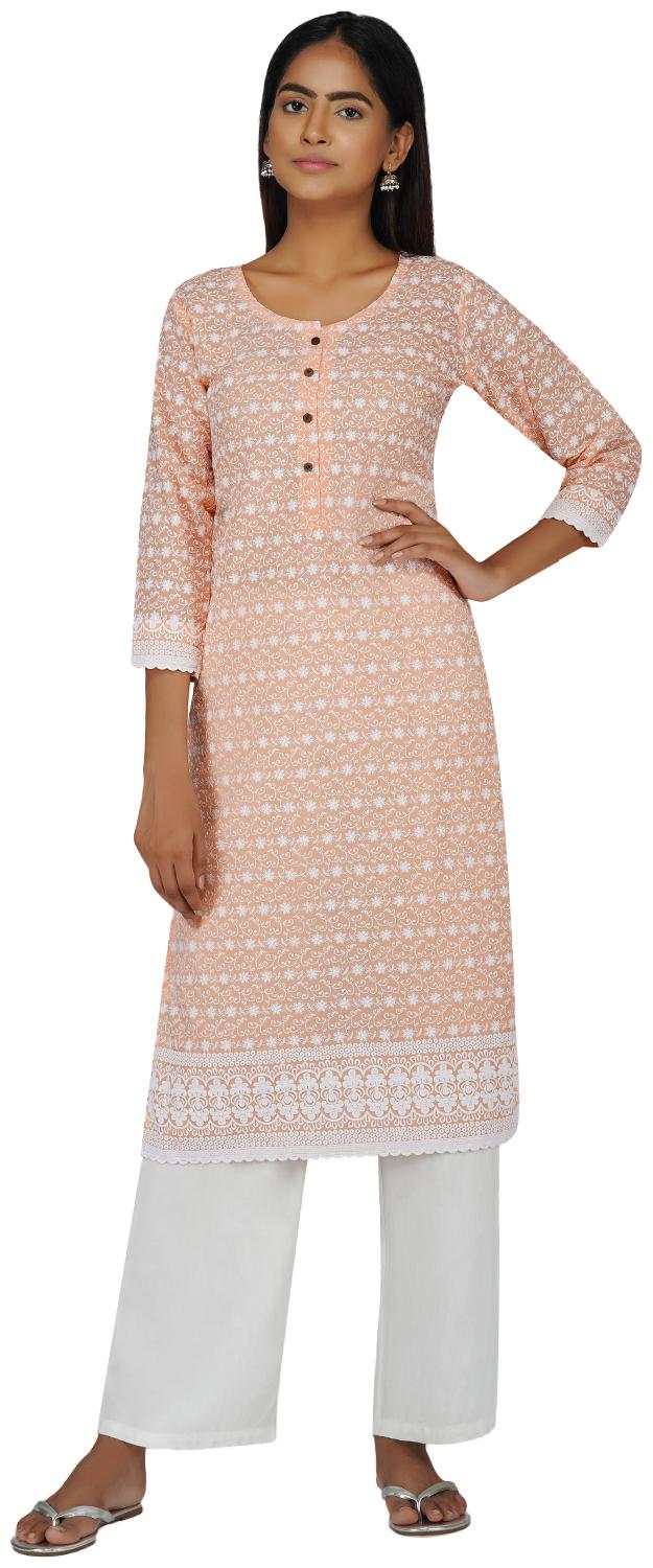 

Paislei Women Peach Embroidered Regular Kurti