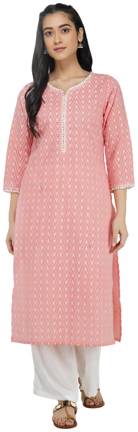 

Paislei Cotton Pink Embroidered Kurta For Women