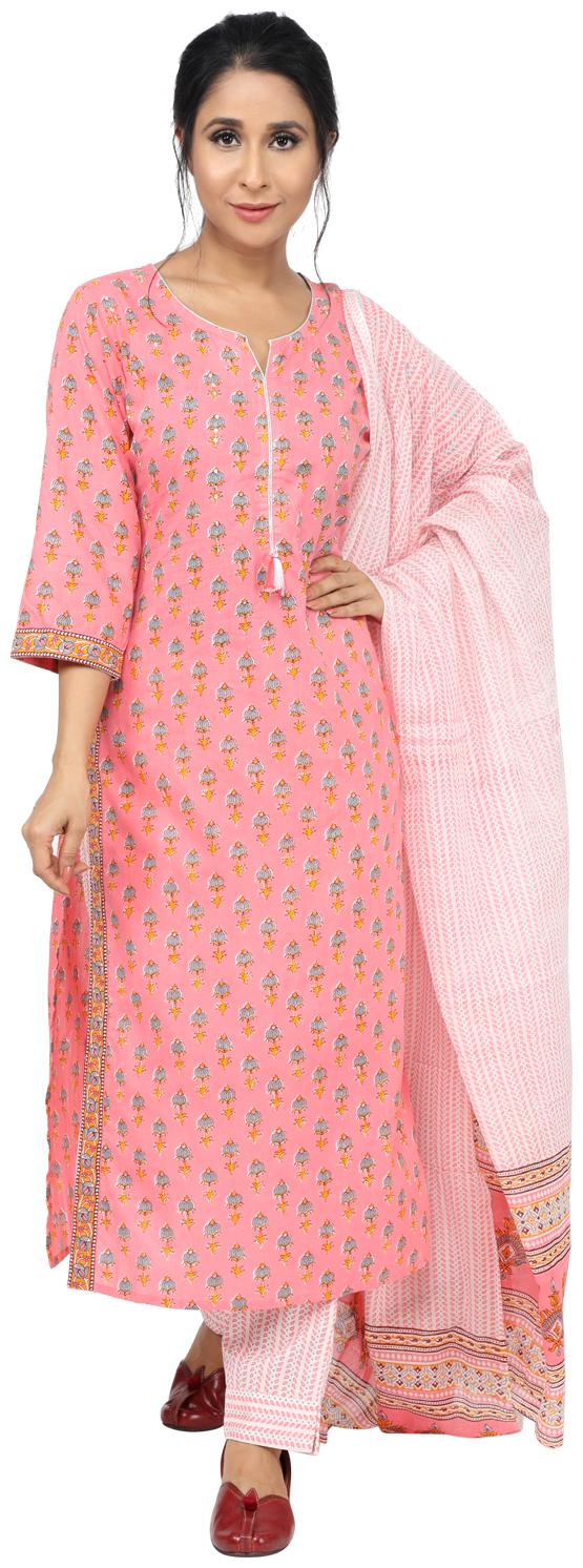 

Paislei Women Pink Floral Regular Kurta With Pants And Dupatta